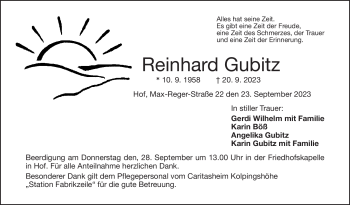 Traueranzeige von Reinhard Gubitz von Frankenpost