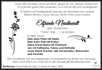 Traueranzeige von Elfriede Neidhardt von Südthüringer Presse