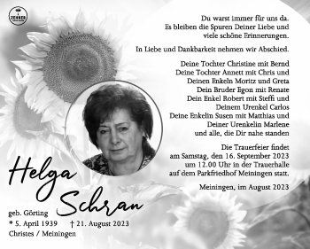 Traueranzeige von Helga Schran von Südthüringer Presse
