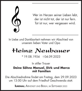 Traueranzeige von Heinz Neubauer von Südthüringer Presse