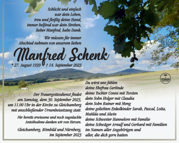 Traueranzeige von Manfred Schenk von Südthüringer Presse