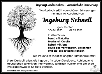 Traueranzeige von Ingeburg Schnell von Südthüringer Presse