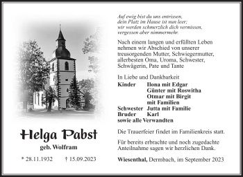 Traueranzeige von Helga Pabst von Südthüringer Presse