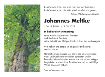 Traueranzeige von Johannes Meltke von Südthüringer Presse