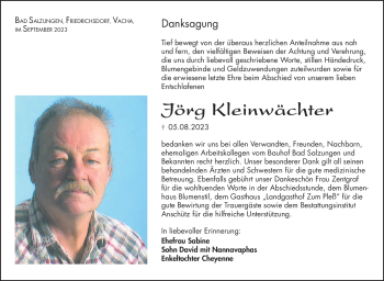 Traueranzeige von Jörg Kleinwächter von Südthüringer Presse