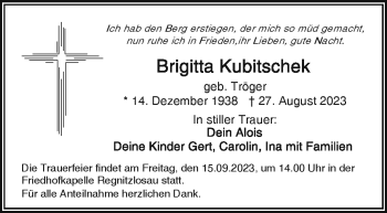 Traueranzeige von Brigitta Kubitschek von Frankenpost