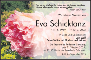 Traueranzeige von Eva Schicktanz von Südthüringer Presse