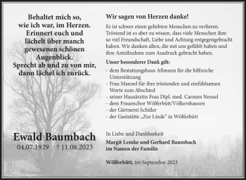 Traueranzeige von Ewald Baumbach von Südthüringer Presse