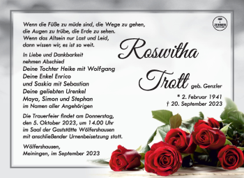 Traueranzeige von Roswitha Trott von Südthüringer Presse