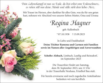 Traueranzeige von Regina Hagner von Südthüringer Presse