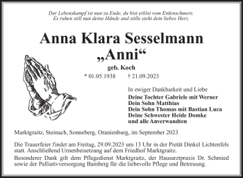 Traueranzeige von Anna Klara Sesselmann von Neue Presse Coburg