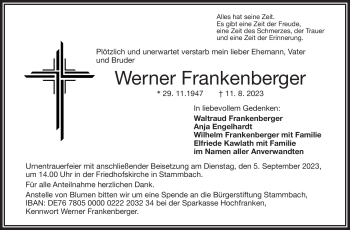 Traueranzeige von Werner Frankenberger von Frankenpost