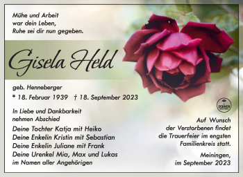 Traueranzeige von Gisela Held von Südthüringer Presse