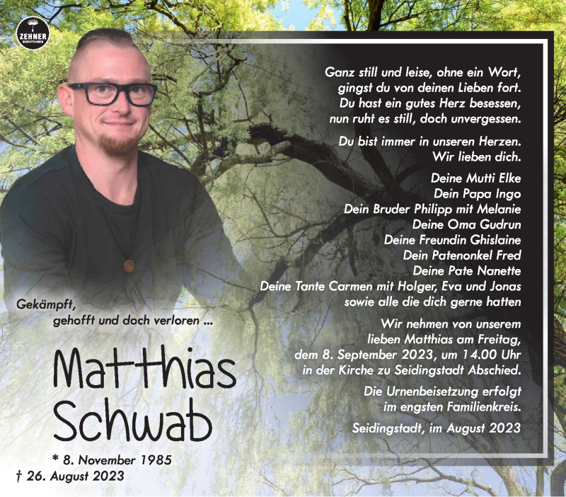  Traueranzeige für Matthias Schwab vom 02.09.2023 aus Südthüringer Presse