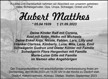 Traueranzeige von Hubert Matthes von Südthüringer Presse