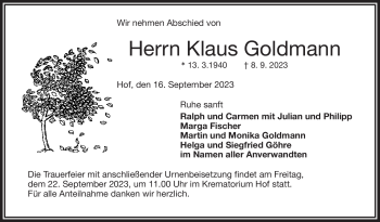 Traueranzeige von Klaus Goldmann von Frankenpost