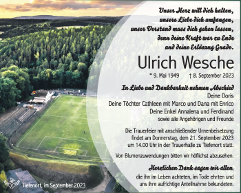 Traueranzeige von Ulrich Wesche von Südthüringer Presse