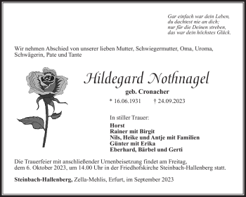 Traueranzeige von Hildegard Nothnagel von Südthüringer Presse