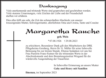 Traueranzeige von Margaretha Rauche von Südthüringer Presse