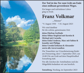 Traueranzeige von Franz Volkmar von Südthüringer Presse