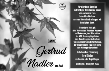 Traueranzeige von Gertrud Nadler von Südthüringer Presse