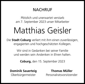 Traueranzeige von Matthias Geisler von Neue Presse Coburg