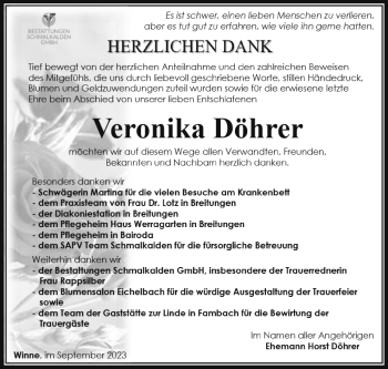 Traueranzeige von Veronika Döhrer von Südthüringer Presse