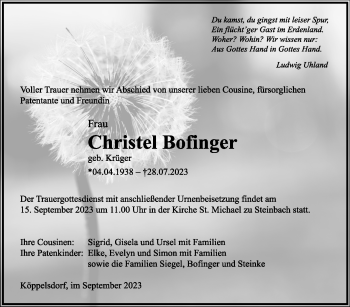 Traueranzeige von Christel Bofinger von Südthüringer Presse
