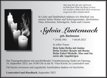 Traueranzeige von Sylvia Lautensack von Südthüringer Presse