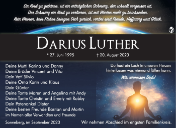 Traueranzeige von Darius Luther von Südthüringer Presse