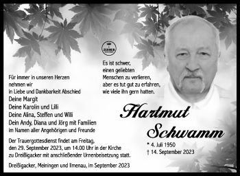 Traueranzeige von Hartmut Schwamm von Südthüringer Presse