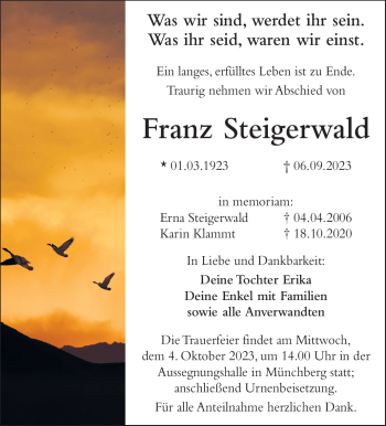 Traueranzeige von Franz Steigerwald von Frankenpost