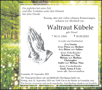 Traueranzeige von Waltraut Kübele von Neue Presse Coburg