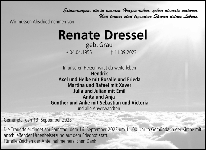  Traueranzeige für Renate Dressel vom 13.09.2023 aus Neue Presse Coburg