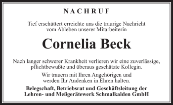Traueranzeige von Cornelia Beck von Südthüringer Presse