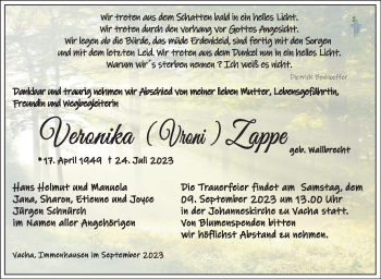 Traueranzeige von Veronika Zappe von Südthüringer Presse