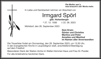 Traueranzeige von Irmgard Spörl von Frankenpost