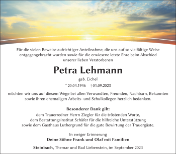 Traueranzeige von Petra Lehmann von Südthüringer Presse