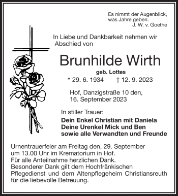 Traueranzeige von Brunhilde Wirth von Frankenpost