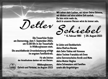 Traueranzeige von Detlev Schiebel von Südthüringer Presse