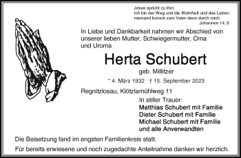 Traueranzeige von Herta Schubert von Frankenpost