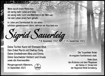 Traueranzeige von Sigrid Sauerteig von Südthüringer Presse