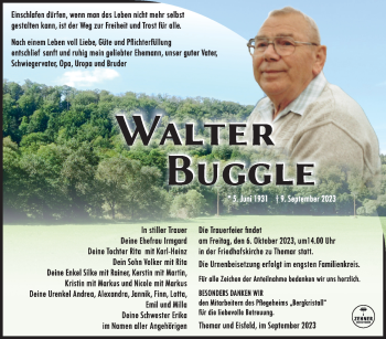 Traueranzeige von Walter Buggle von Südthüringer Presse