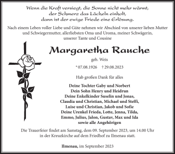 Traueranzeige von Margaretha Rauche von Südthüringer Presse