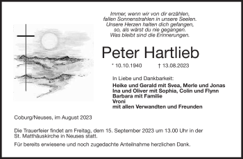 Traueranzeige von Peter Hartlieb von Neue Presse Coburg
