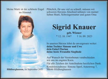 Traueranzeige von Sigrid Knauer von Südthüringer Presse