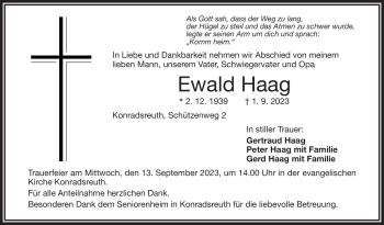 Traueranzeige von Ewald Haag von Frankenpost