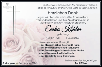 Traueranzeige von Erika Köhler von Südthüringer Presse