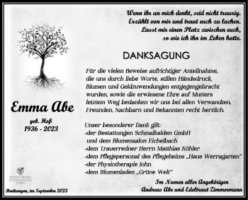 Traueranzeige von Emma Abe von Südthüringer Presse