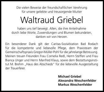 Traueranzeige von Waltraud Griebel von Neue Presse Coburg